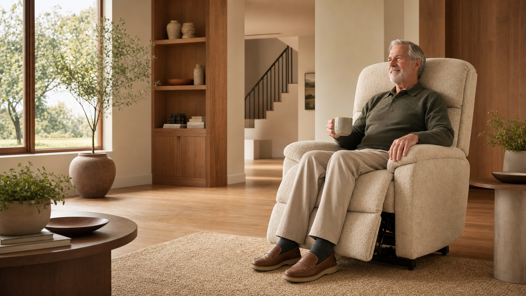 An older man relaxing in a cream lift chair in a warm, modern home